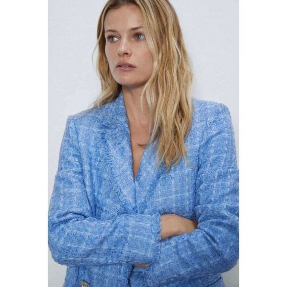 Zara M BLAZER JACKET Tweed Long sky BLUE silver crystallized buttons oversized - Picture 2 of 11